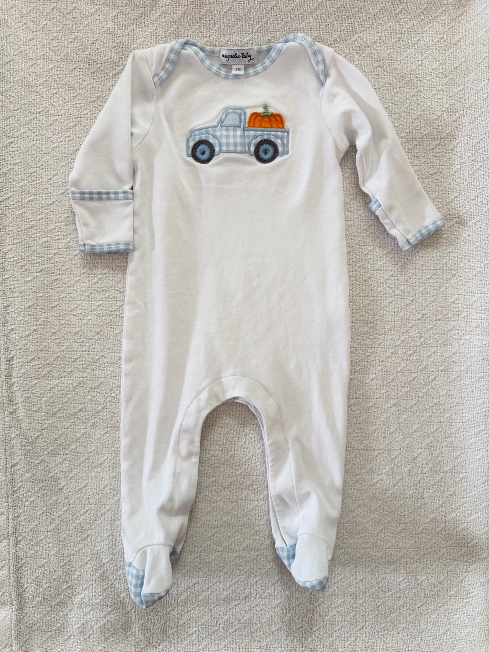 Magnolia Baby White Footie with Embroidered Blue Gingham Truck Orange Pumpkin